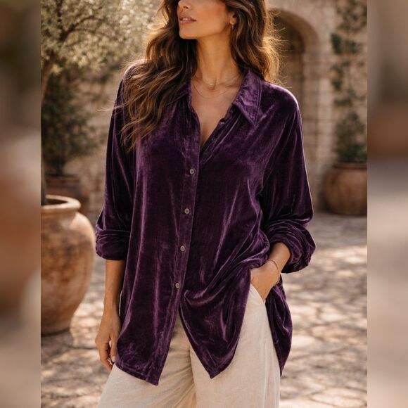 Soft Surroundings Tops - Soft Surroundings Purple Velour Button Up Shirt 2XL Relaxed Fit Minimalist Goth